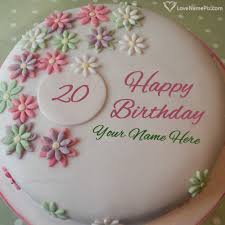 Birthday Cake With Name And Photo Editor Online Flowers White Cream 20th Birthday Cake With Name Photo Happy Birthday Wishes 20 Birthday Cake 20th Birthday Birthday Cake Pictures