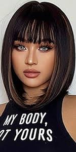 Amazon.com: Doremiy Peluca Bob Ombre negro naranja con flequillo, pelucas  cortas y rectas naturales para mujer, pelucas sintéticas hasta el hombro  para cosplay diario : Belleza y Cuidado Personal