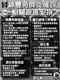 Kam fung court kam kwai house (block e). é¦¬éžå±±å®ˆè­·ç·š éŒ¦è±è‹'è‚ºç‚Žç¢ºè¨ºç›¸é—œè·Ÿé€²å®‰æŽ' éŒ¦è±é–£é€£çºŒå…©å¤©æœ‰å…©ä½ç›¸é—œç¢ºè¨ºè€…å‡ºç¾ä»¥ä¸‹ç›¸é—œå±‹è‹'åŠéƒ¨é–€çš„å›žè¦†èˆ‡è™•ç†