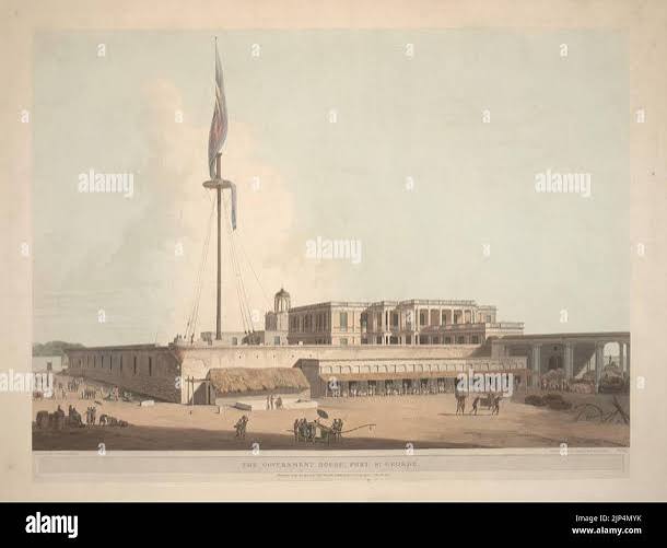 The Government House, Fort St. George Madras [Chennai]; The Government House is within the Fort; here the business of the English East India Company is transacted, but the residence of the Governor