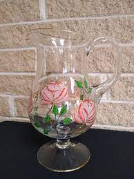 Victorian clear pressed glass pedestal cake stand tazza. Crystal Clear Pitcher With Hand Painted Pink Roses And Gold Trim Made In Romania Vintage Footed Clear Glass Beverage Pitche Hand Painted Pink Roses Crystals