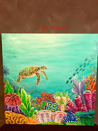 Clownfish dart between coral in every color while turtles. Coral Reef Painting Just Keep Swimming Art Coralreef Turtle Colourful Acrylicpainting Ocean Oceanlif Ocean Art Painting Coral Painting Coral Reef Art