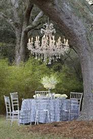 Outdoor Dining Room Chandeliers And Trees Yes Please Shabby Chic Garden Outdoor Outdoor Dinner
