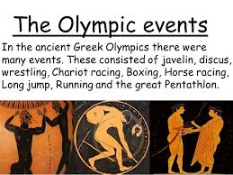 Contests included footraces, the long jump, diskos and javelin throwing, wrestling, the pentathlon (a combination of these five events), boxing, the pankration (a combination of wrestling and boxing), horse races, and chariot races. Ancient Greek Olympics Ppt Video Online Download
