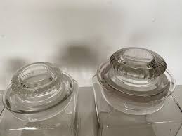 Apothecary jar with wood lid. Vintage Set Of 2 Big And Small Square Glass Apothecary Jar Ground Glass Stopper Lid Plates Dining Serving