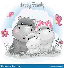 Cartoon Family Of Cute Hippos In The Flower Fields Stock Vector Illustration Of Illustration Happy 136505579 Family Cartoon Baby Animal Drawings Cute Hippo