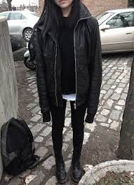 Five Stars Black Leather Jacket Oversized Black Pullover White Tee Black Leggings Black Combat Boots Fashion Grunge Outfits Style
