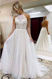 A Line Halter Tulle Lace Backless Beach Wedding Dres Wedding Dress Necklines Beach Wedding Dresses Backless Cheap Wedding Dress