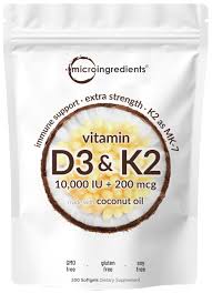 Amazon.com: Vitamin D3 10000 iu Plus K2 (MK-7) 200 mcg, 300 Virgin Coconut  Oil Softgels| 2 in 1 Vitamins D & K Complex | Supports Calcium Absorption,  Bone, Immune, & Heart Health –