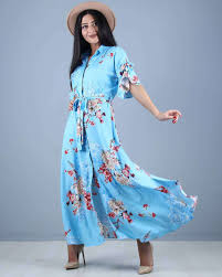 Mavi Çiçekli Yazlık Gömlek Elbise - Moda Piyasa
