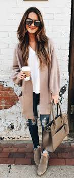 Winter Outfits Blue Jeans Gray Cardigan White V Neck Top Casual Winter Outfits Cute Winter Outfits Winter Outfits
