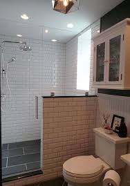 Thermostatic Rain Shower Slate Tiles Beveled Subway Tiles Pony Wall Walk In Shower Bathroom Design In 2020 Bathrooms Remodel Doorless Shower Bathroom Design