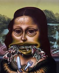In Saul's world the famously stoic and sly woman of Leonardo da Vinci's  iconic 1503 portrait isn't feeling so great. Peter Saul, “Mona Lisa Throw  Up,” 1992, acrylic and oil