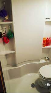 Camper with full size bathroom. Inside Of Repurposed Enclosed Cargo Trailer Turned Camper Full Size Standing Shower Toilet Combo Enclosed Cargo Trailers Standing Shower Custom Campers