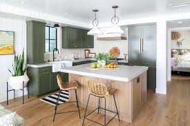Their drawers are super fine. Green Shaker Kitchen Cabinets With Brass Pulls Cottage Kitchen
