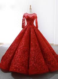 Red Ball Gown Long Sleeve Backless Appliques Wedding Dress Red Ball Gowns Red Long Sleeve Prom Dress Red Prom Dress