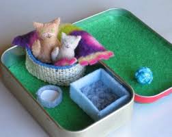 Cat And Kitten Stuffed Animal Miniature In Altoid Tin Playset Bed Blanket Milk Bowl And Litter Box Felt Toys Felt Animals Playset