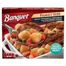 Submitted 6 months ago by lessmiller. Family Size Gravy Potatoes And Vegetables With Salisbury Steak Banquet