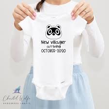 New Villager Tommy Nook Animal Crossing New Horizons Baby Announcement Onesie Infant Bodysu Baby Announcement Onesie Cute Baby Announcements Cute Baby Onesies