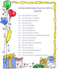 Calendário Escolar Datas Comemorativas Educação Infantil Datas Importantes Para O Mes De Agosto Calendario De Datas Comemorativas Datas Comemorativas Datas Comemorativas Agosto