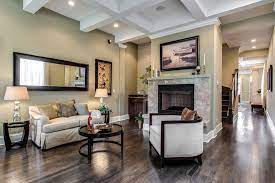 Custom stained beams inspiration for a large country open concept and formal light wood floor and beige floor living room remodel in san diego with white walls, a standard fireplace and a tile fireplace Dark Wood Floors Tips And Ideas You Should Try