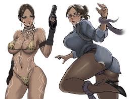 sheva alomar, resident evil, resident evil 5, 1girl, animal print, ass,  bikini, blush, breasts, brown eyes, brown hair, business suit, choker,  curvy, dark-skinned female, dark skin, dress, female focus, formal clothes,  glasses,