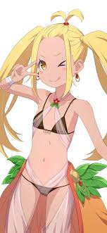 camui1104, liliana masquerade, re:zero kara hajimeru isekai seikatsu,  absurdres, highres, 1girl, ;p, bikini, blonde hair, blush, earrings,  jewelry, looking at viewer, one eye closed, petite, smile, solo, swimsuit,  tongue, tongue out, twintails,