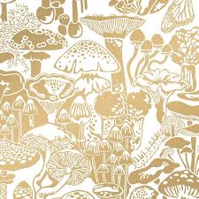 Black And White Mushroom Wallpaper Mushroom City Designer Wallpaper In Color Sphinx Metallic Gold On Soft White Mushroom Wallpaper Beige Wallpaper Metallic Wallpaper