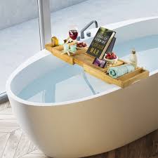 Sunficon bamboo bath tray bathtub caddy tray rack shelf with extending sides mug/wineglass/smartphone holder, metal frame vivohome expandable 43 inch bamboo bathtub caddy tray with smartphone tablet book holders, soap tray, wine glass slot, natural. Bambusi Bathtub Caddy Tray With Book And Wine Holder Spa Relaxing Bath Overstock 23607866