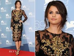 Selena Gomez Wearing Dolce Gabbana Star Fancy Dress Gold And Black Dress Fashion