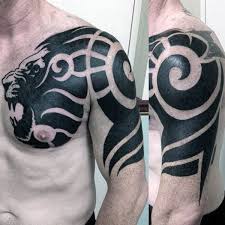 Blackwork Tribal Lion Mens Half Sleeve And Chest Tattoo This Is It This Is My Next Tattoo I Ve Fi Tribal Tattoos For Men Tribal Lion Tattoo Tribal Tattoos
