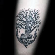 Loving The Added Incorporation Of Specific Shapes Into Designs Anchor Tree Of Life Mens Forearm Tattoo Tree Of Life Tattoo Life Tattoos Tree Tattoo Men