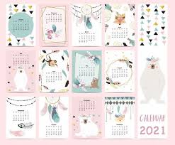 Doodle Pastel Boho Calendario Conjunto 2021 Com Pena Ouro Geometrico Urso Apanhador De Sonhos Para Criancas Pode Ser Usado Para Grafico Imprimivel Elemento Geometric Bear Print Calendar Sticker Template