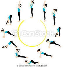 Pranamasana or anjali mudra / prayer pose. Surya Namaskar Yoga Asanas Set Illustration Stylized Woman Practicing Sun Salutation Sequence Canstock