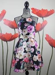 Details About Xtraordinary Womens Floral Asymmetrical Hem Fit Flare Black Pink Size 9
