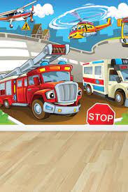Fire Truck Bus Ambulance Police Children S Room Wall Mural Jr6541 Custom Wallpaper Fire Trucks Wall Murals