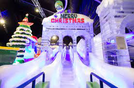 The Ice Slides Inside Of Ice Land Ice Sculptures At Moody Gardens 2015 Galveston Texas Christmas Festival Lights Holiday Lights Display Holiday Lights