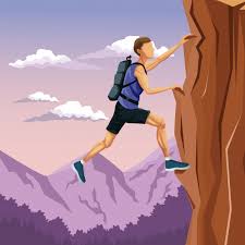 Escena paisaje hombre escalada en una montaña de roca | Vector Premium