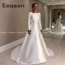 Long, billowing sleeves make this a great option for modern brides who want a subdued look. Elegant White Wedding Gowns Long 2020 Ivory Wedding Dress Simple Satin Long Sleeve Bridal Dresses With Bow Robe De Mariee Wedding Dresses Aliexpress