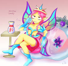 landly, empress of light, queen slime (terraria), terraria, slime, highres,  1girl, alcohol, boots, brown eyes, butterfly wings, cigarette, collarbone,  colored skin, crown, drinking, drooling, drunk, gloves, gradient  background, heart, insect wings, leaning