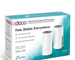 TPLink Deco E4 AC1200 mesh WiFi 5 2pack product images and box, generada por IA