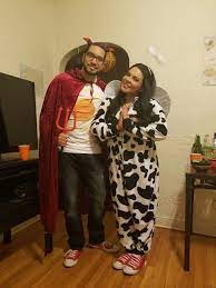 Punny Halloween Couple Costumes Holy Cow And Deviled Egg Halloween Idea Costumes For Couples Clever Pun Costumes Diy Holy Cow Costume Cow Costume Pun Costumes