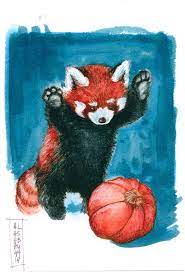 Red Panda With Pumpkin Ink Drawing Panda Art Red Panda Cartoon Red Panda