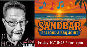 🎶 Kick off your weekend at Sandbar Seafood & BBQ Joint with Jason Hogan  live tonight 6–9pm! 🍤 Tailgate menu you'll love & 🍹 happy hour all day  long! Come enjoy great