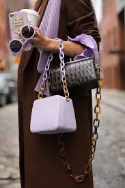 Chain Bag Details Blair Eadie Wearing Lilac And Brown Check Out More Of Her Favor Street Style Bags Chain Bag Street Style Color Combinations For Clothes