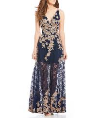 xscape v neck lace embroidered gown