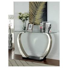 Sylvie Modern Curved Glass Top Sofa Table Silver Black Iohomes Modern Sofa Table Furniture Of America Tempered Glass Table Top