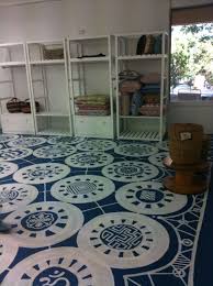Painted Concrete Floor Base Was Standard Concrete Paint Tinted With Blue For The Design I Used A Line Ma Painted Concrete Floors Floor Paint Design Flooring