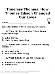 Thomas Edison Biography Task Cards And Worksheet Task Cards Edison Book Activities