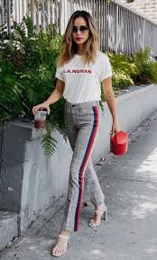 High Rise Pin Stripe Pants With Large Red And Blue Side Stripes And A Graphic White Tee And Heels Visit Daily Dress Me At D Work Attire Daily Dress Me Fashion